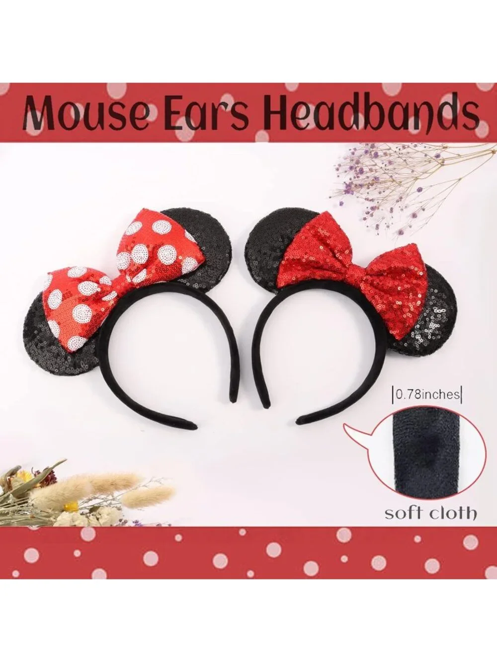 Women Black Red Sparkly Sequin Mickey Mouse Costume Headband For Cosplay 2PCS